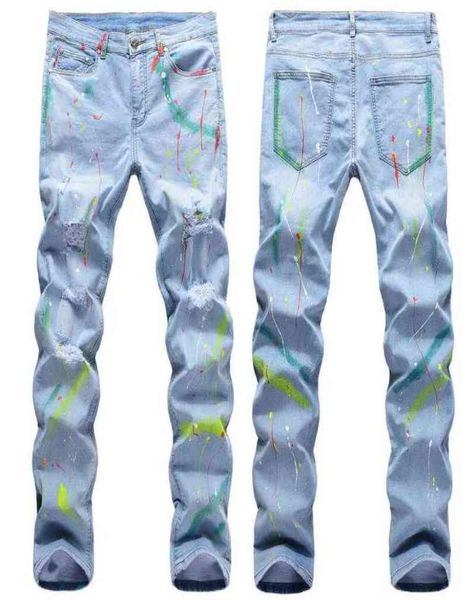 

men ligh blue denim jeans holes long jeans good quality men straight fit stretch jeans new fashion men spring autumn denim pants g7975677