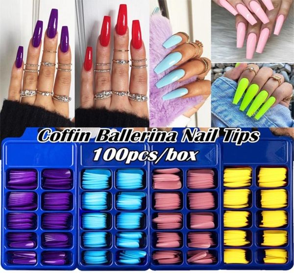 

100pcsbox full cover long ballerina press on nail coffin fake nails art transparent false nail diy salon decoration whole3741899, Red;gold