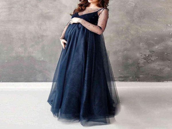 

2022 long sleeve bead mesh dress for pregnant women wedding dress shooting props maternity dress fashion pregnant women clothing y1266691, Black