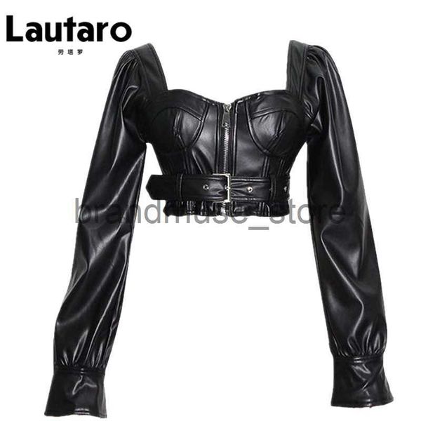 

women's jackets lautaro y2k black faux leather crop women square neck long sleeve zipper cropped jacket 2021 backless fashion 5xl 6xl j, Black;brown