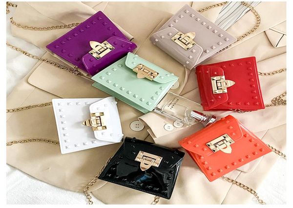 

children039s rivet lock chain handbag jelly candy color fashion mini oneshoulder diagonal bag1141204, Black