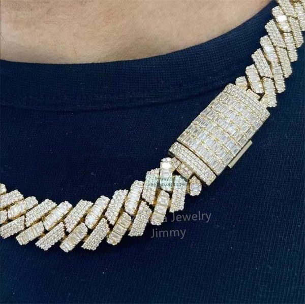 

new design white gold color 15mm iced out baguette lock vvs1 baguette moissanite cuban link chain for man, Silver