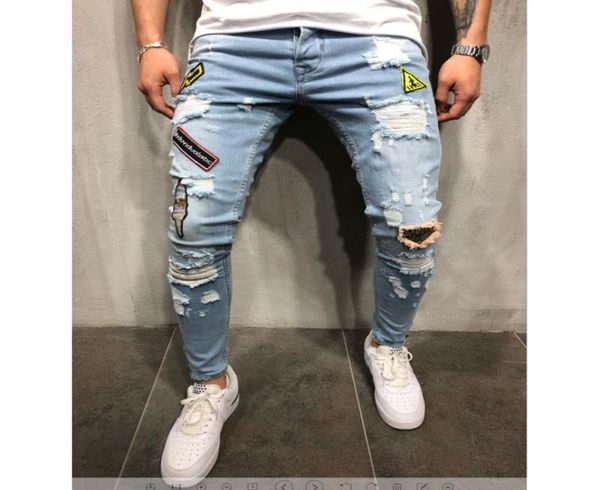

2018 mens fashion ripped jeans with patches distressed destroyed patchwork male streetwear hiphop badge denim trousers3611235, Blue