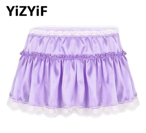 

men micro mini skirt smooth satin elastic high waist lace hem short frilly ruffled aline sissy panties fancy dress men0396112098