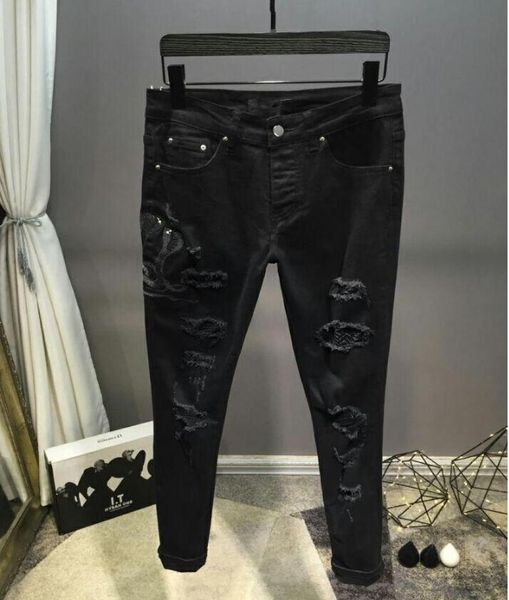 

jeans mens distressed ripped biker jeans slim fit motorcycle biker denim fashion designer pants embroidery snake mens jeans7593502, Blue