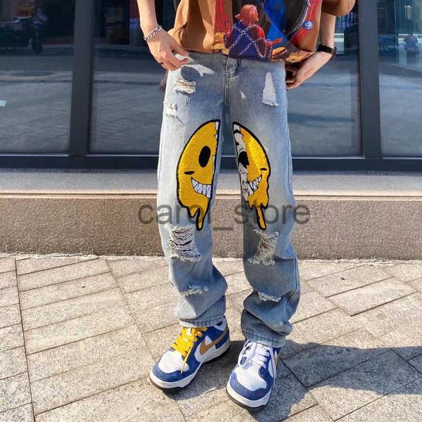 

men's jeans 2022 ropa embroidery hole ripped baggy men hip hop jeans street pants y2k clothes straight goth denim trousers pantalones h, Blue