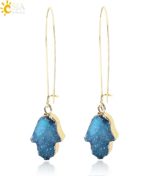 

csja hamsa hand of fatima gold dangle drop earrings for women purple green blue natural druzy drusy druse gemstone boho ear jewell4430886, Silver