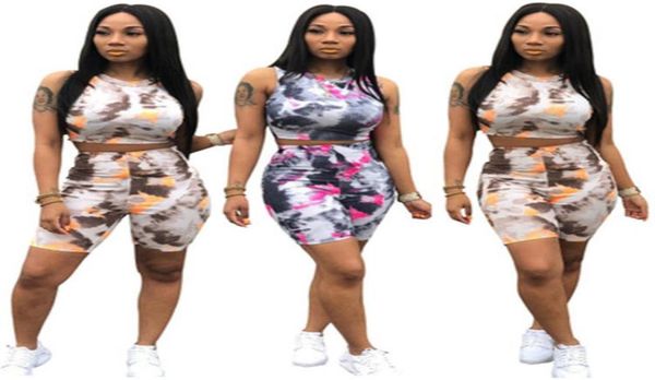 

fashion print sport tracksuits womens tie dyed short sleeve vest t shirts shorts pant set twopiece outfits suit plus size cl3789697, Gray