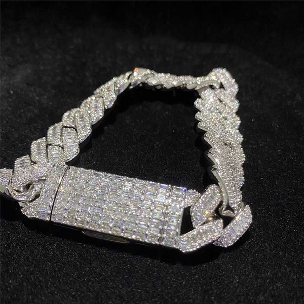 

hip hop jewelry 15mm fully vvs baguette moissanite diamond silver men cuban bracelet 925 silver iced out miami cuban link chain