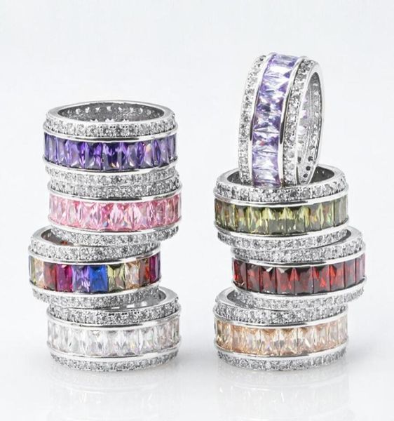

size 610 luxury jewelry 925 sterling silver princess cut multi color cz diamond amethyst gemstones women wedding circle band ring1881502, Slivery;golden