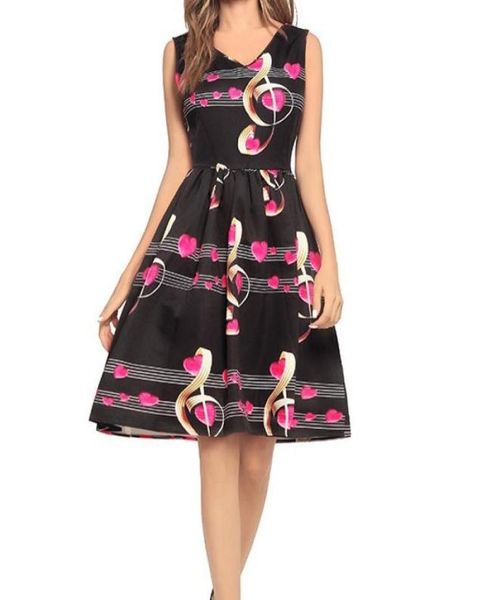 

musical note print women summer dress neck sleeveless hepburn 50s vintage dress elegant party dresses plus size s4xl dk3081mx2963735, White;black