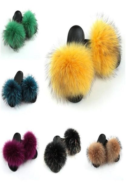 

kids slippers fluffy raccoon slides furry real fox flip flops flat children rainbow shoes girls fur sandals y20102821650009923345, Black;red