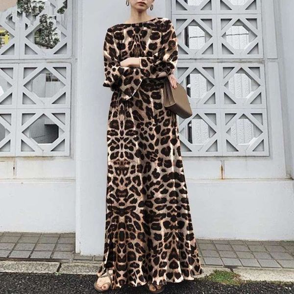 

leopard print long knee length lady style sleeved dress, Black;gray