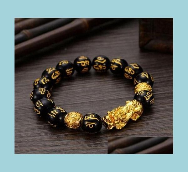 

beaded feng shui obsidian stone 12mm beads strands bracelet men women wristband gold black pixiu wealth and good luck brace9983558