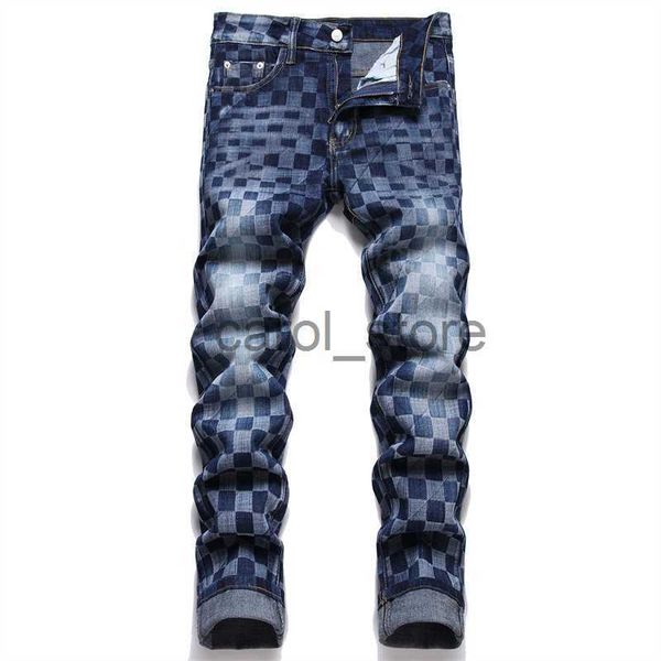 

men's jeans fashion classic blue men's plaid printed jeans men hip hop streetwear cotton denim pants slim fit male casual long jea