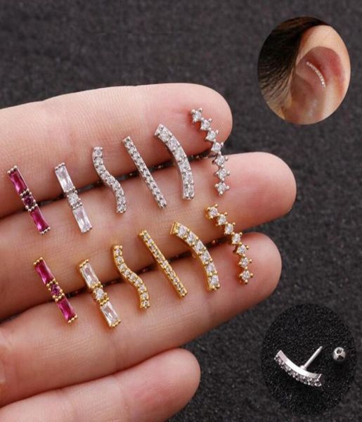 

stud 1piece cubic zirconia small earrings women stick wave red stone crawler cartilage earring gold silver color earing jewelry3458415, Golden;silver