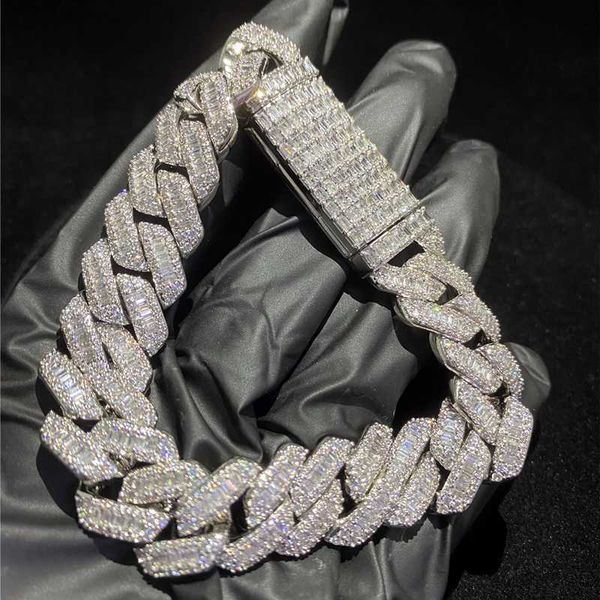 

925 sterling silver gold plated baguette diamond cuban bracelet 13mm 15mm iced out moissanite cuban link chain bracelet