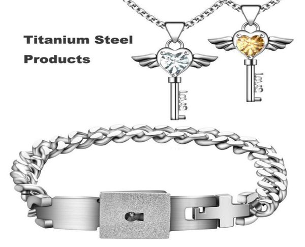 

titanium lovers jewelry set concentric lock bracelet love key rhinestones pendants necklace wedding engagement couples valentine8692598, Silver