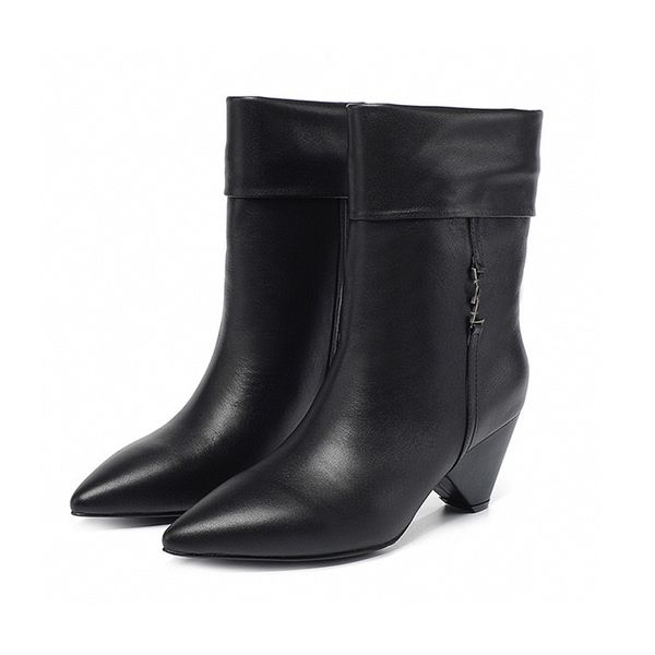 

liz slip-on ankle boots pointed toe block chunky heels 8.5cm women cuff luxury designer leather suede sole fashion cool booties shoes size 3, Black