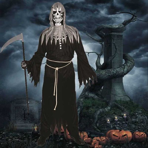 

theme costume grim reaper come for men role play scary skeleton robe cosplay balck horror skull bone for halloween purim party l230804, Black;red