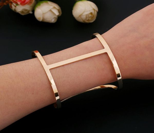 

women luxury hollow bangle bracelet accessories gold silver metal wide bracelet cuff bangle open adjustable charm ps12828998419, Black