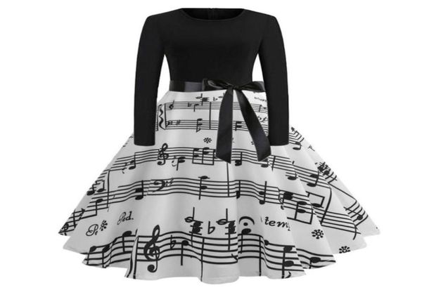 

casual dresses vintage music note print long sleeve for women retro elegant a line high waist midi dress with sashes vestido de mu9972685, Black;gray