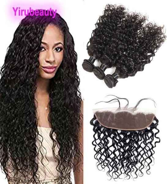 

indian water wave 13x4 lace frontal with 3 bundles human hair bundles with lae frontal ear to ear hair extensions9029033, Black;brown