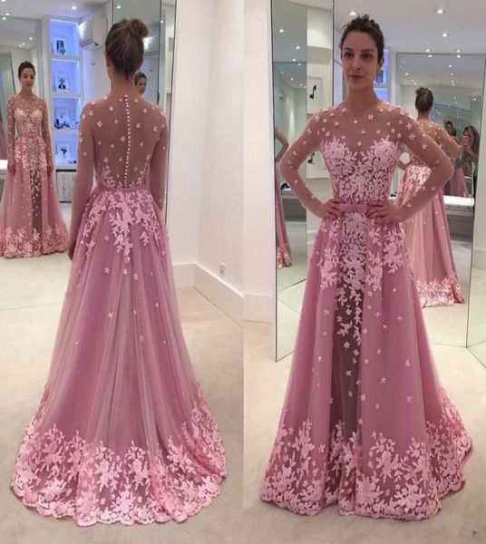 

pink detachable train mermaid evening dresses scoop neck full sleeve with appliques flower illusion tulle prom gowns6040761, Black;red