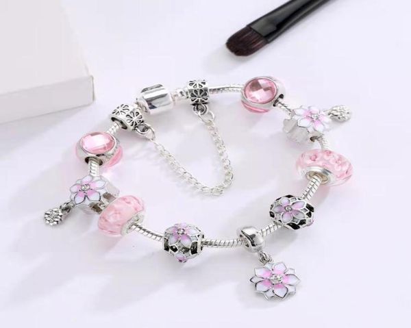 

16 to 21cm pink oriental cherry charm bracelet 925 silver chain flower beads fit diy wedding jewelry accessories for new year presents310156, Golden;silver