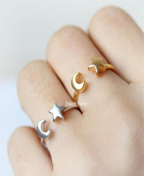 

10pcs r015 adjustable star with crescent moon rings half moon and star rings cute simple celestial ring for women4806454, Golden;silver