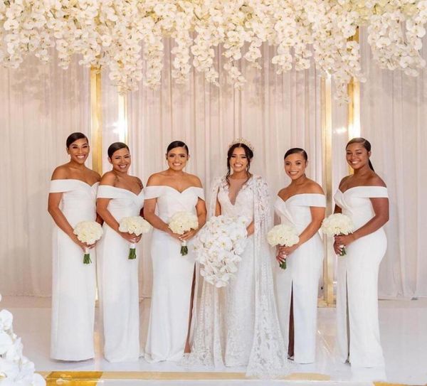 

2021 plus size bridesmaid dresses white column split front off the shoulder maid of honor dress floor length satin long prom7638069, White;pink