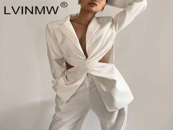 

women039s suits blazers lvinmw white notched hollow out midriff outfit cross folds pad long sleeve slim blazer women low cut 9904772, White;black