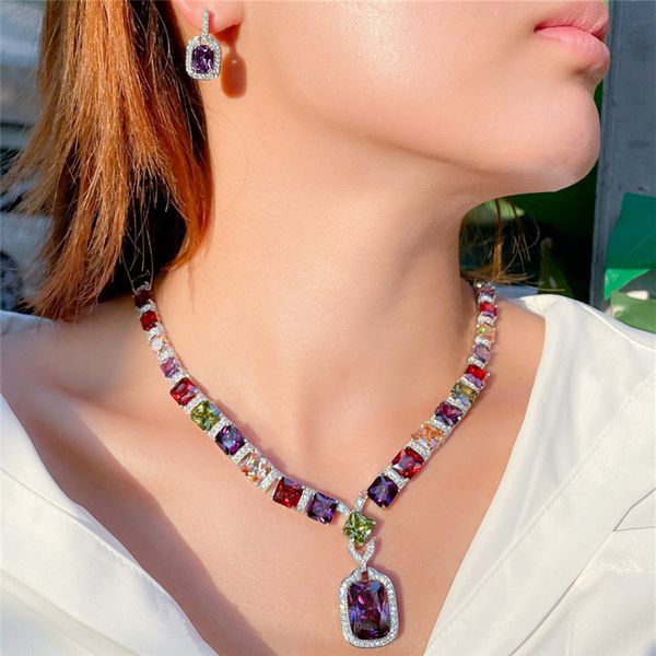 

luxury 2pc/sets colorful square designer jewelry set necklace earring for woman aaa cubic zirconia south american bride wed engagement neckl, Silver