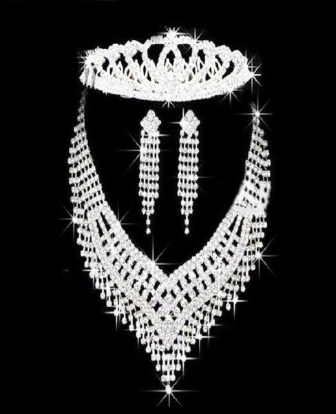 

2015 fashion bright rhinestone crown tiaras silver wedding necklace earrings bridal jewelry set princess women favors wedding gift8924095, White