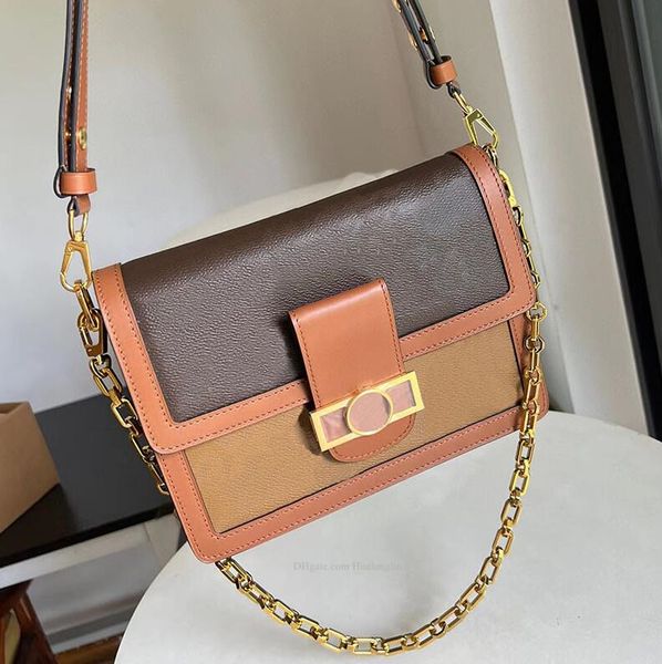 

High Quality Leather Women shoulder bag designer messenger handbag classic flower checked damier purse, Brown-camel 25cm