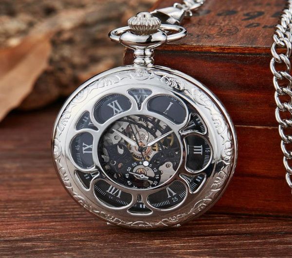 

pocket watches vintage silver mechanical hand wind blue roman numeral dial flip watch men clock with fob chain4111940, Slivery;golden