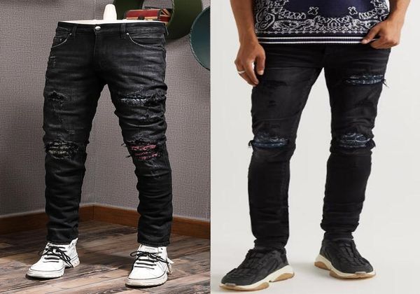 

plaid patches destroyed jeans damage hole wash pencil leg slim denim cotton men039s nice quality2120546, Blue