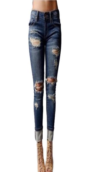 

selling women039s juniors distressed ripped slim fit stretchy jeans skinny denim capris pants broken holes design6206109, Blue