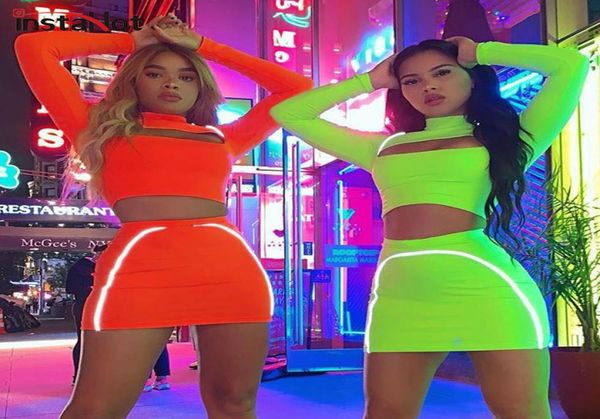

insta hollow out women two piece set long sleeve splice reflective flash crop and skirt tracksuit autumn streewear new4436873, White