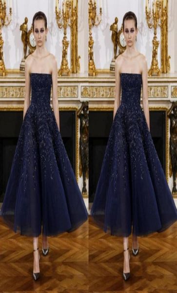 

dark navy strapless evening gowns 2017 sparkly applique beads tea length prom dresses zipper back formal party dresses custom1213110, Black;red