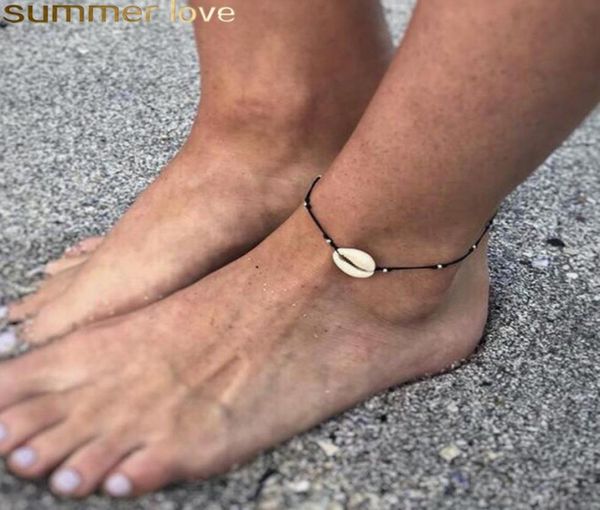 

new seashell beads stripe woven anklet beach jewelry handmade simple black rope draw beads braided anklets bracelets for women4537163, Red;blue