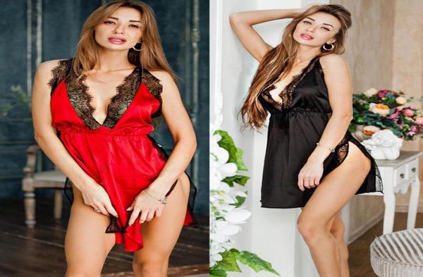 

lingerie women silk lace robe dress babydoll nightdress nightgown sleepwear1995902, Black;red