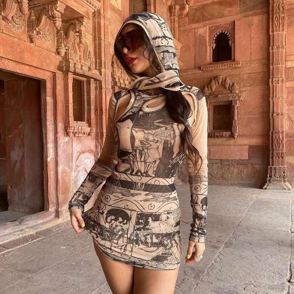 

vintage womens mesh hooded dress featured printed hollowed out lace long sleeved short skirt autumn, Black;gray
