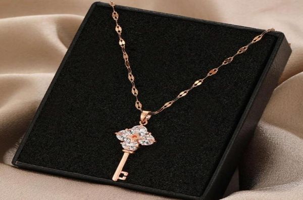 

necklace light luxury and simple temperament titanium steel clavicle necklace female key rose gold zircon indelible net red clover8899540, Silver