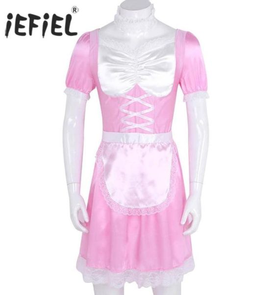 

mens sissy girl lingerie maid uniform fancy dress role playing cosplay costumes clubwear parties satin dress with choker8776008, Black