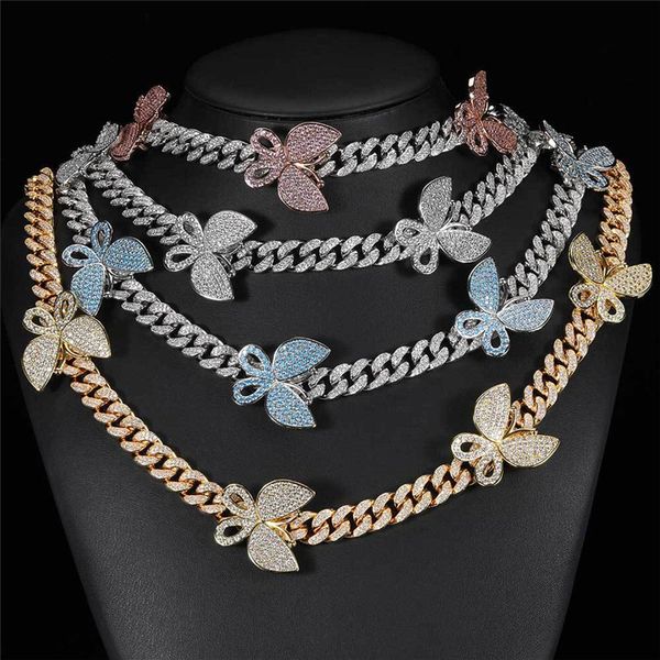 

12mm double row full diamond butterfly cuban chain copper inlaid zircon personality necklace hip hop jewelry, Silver