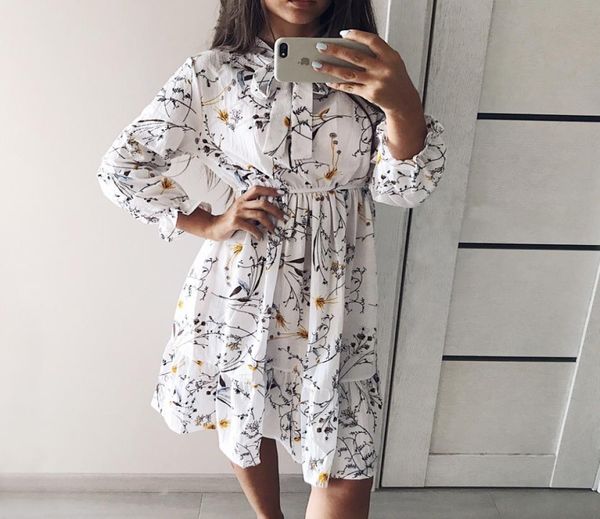 

2020 winter dress women long sleeve vintage dress chiffon shirt vestidos for ladies casual midi autumn dresses polka dot3029680, Black;gray