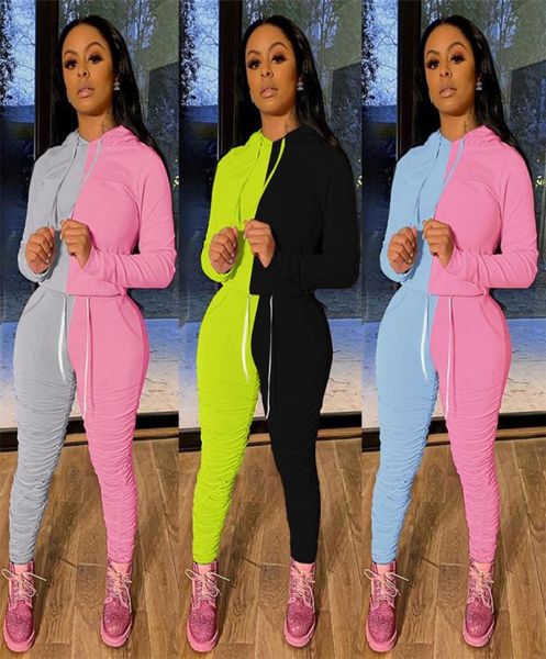 

stacked leggings women 2pcs sets sports hoodies stacked pants two piece suits fashion patchwork ladies 2pcs outfits2860044, Gray