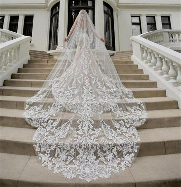 

luxury 1 tier wedding veils custom made 2019 cathedral length lace appliques bridal veil 470811, Black