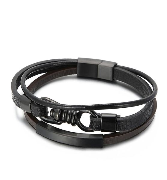 

european punk jewelry 5 pieceslot stainless steel charm metal accessories 3 layer men leather bracelet black8383232, Golden;silver